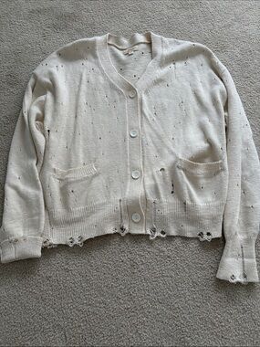 Elan Cream Distressed Button Front Cardigan